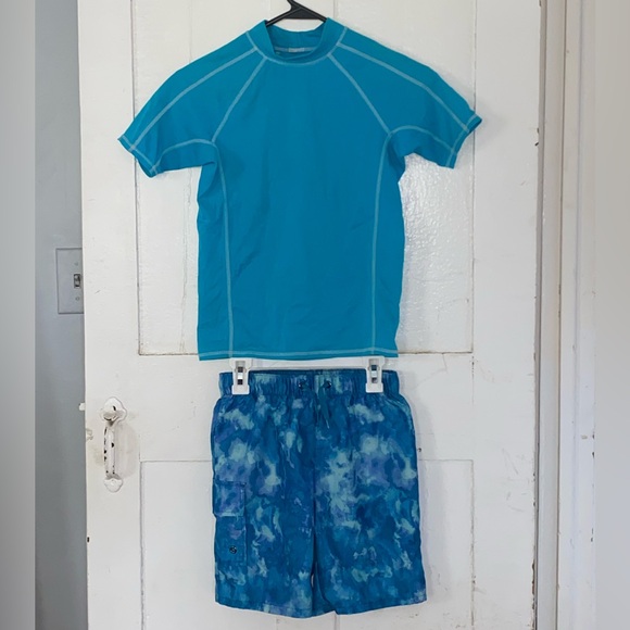 Blue Swim Shirt and Shorts Set Swimming Trunks with Rashguard Top T-shirt size 8 - Picture 1 of 11